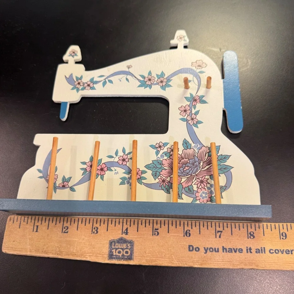 Sewing Machine Thread Rack White Blue Floral Wood Spool Holder countrycore